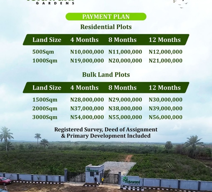 Poluwani Gardens land for sale, payment plans available.