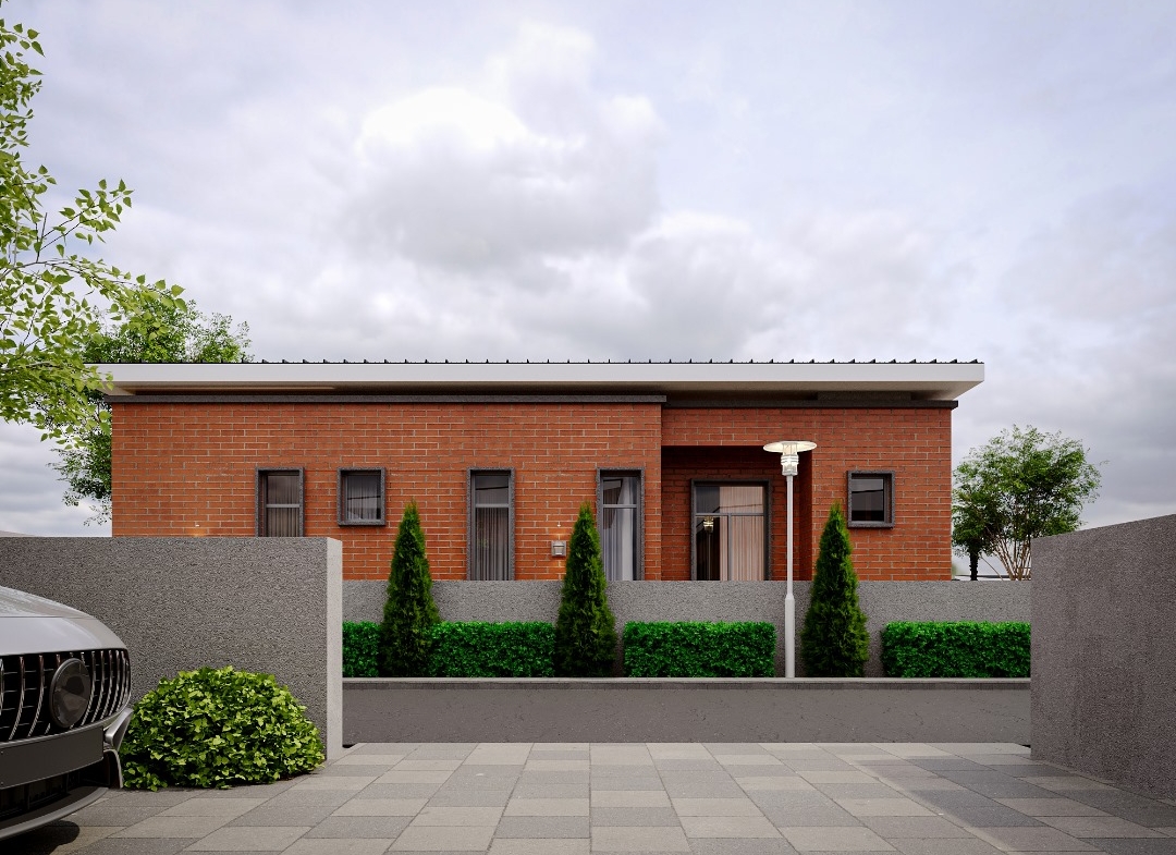 Modern brick house with driveway and greenery