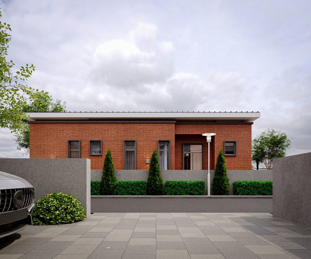 Modern brick house with driveway and greenery